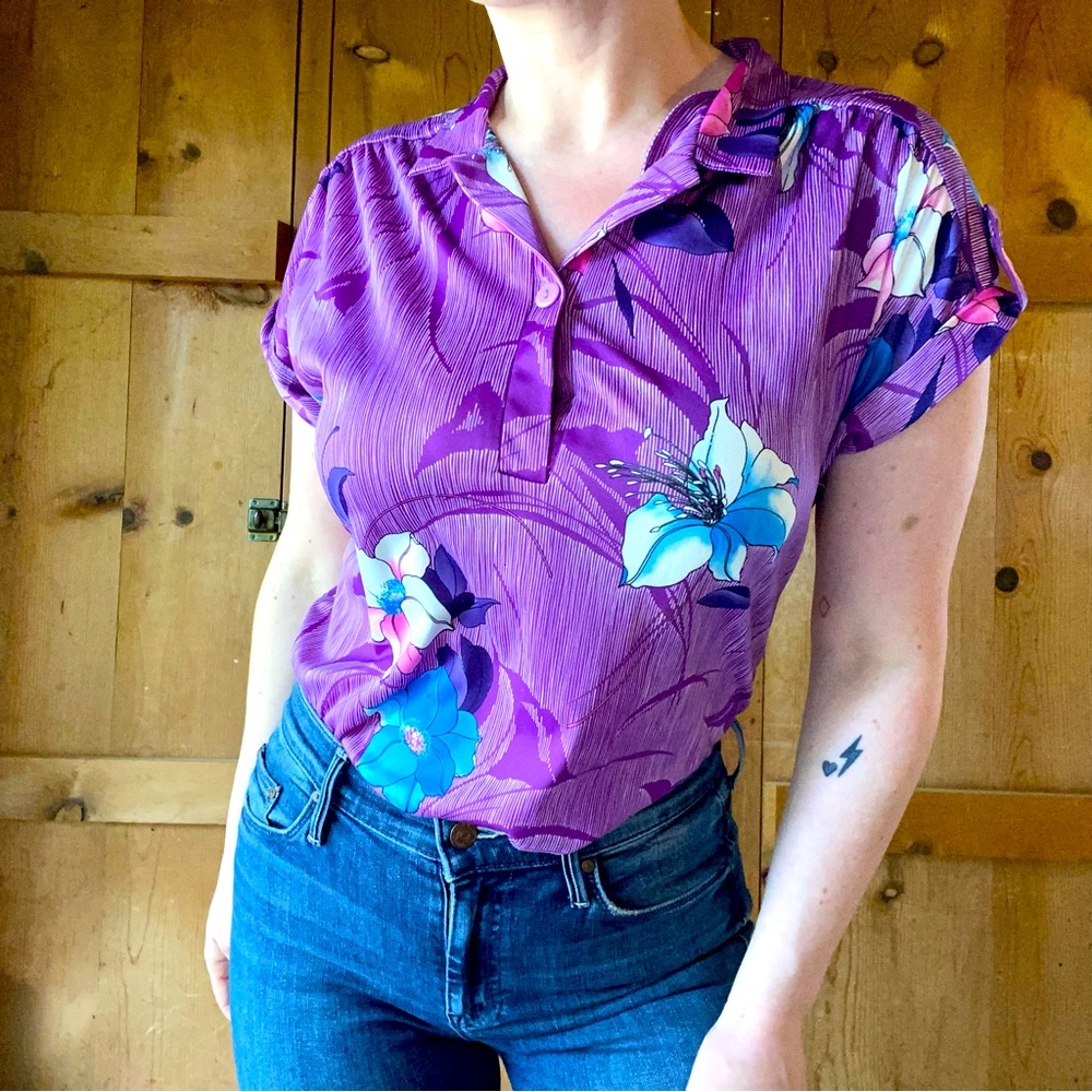 Vintage • Hawaiian Print Polo Blouse